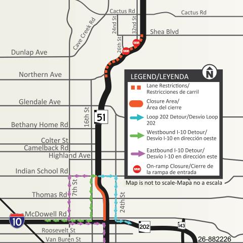 Map showing the detour route for the southbound SR 51 closure planned between Indian School Road and I-10 and the southbound lane restrictions planned between Shea Boulevard and Northern Avenue