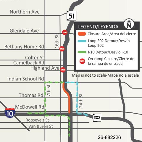 Map showing the detour route for the southbound SR 51 closure from Indian School Road to I-10.