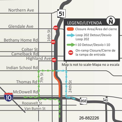Map showing the detour route for the southbound SR 51 closure planned between Indian School Road and I-10