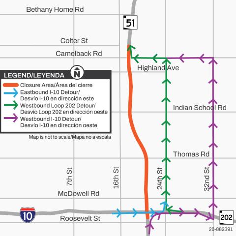 Map showing the detour route for the northbound SR 51 closure planned between I-10 and Colter Street