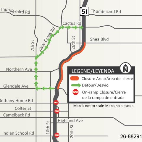 Map showing the detour route for the northbound SR 51 closure from Glendale Avenue to Shea Boulevard.