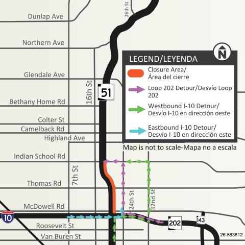 Map showing the detour route for the northbound SR 51 closure planned between I-10 and Indian School Road