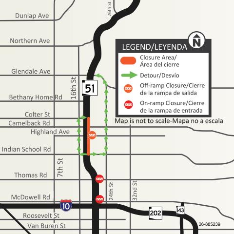 Map showing the detour route for the northbound SR 51 closure planned between Indian School Road and Colter Street.