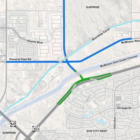 A map showing the planned location for a new traffic interchange on Loop 303 at 155th Avenue.