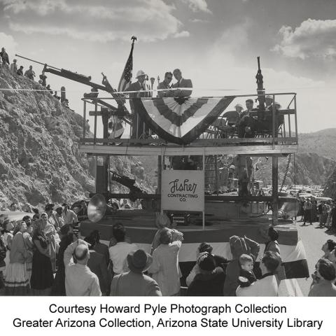 Platform with governor and other VIPs at Queen Creek tunnel opening