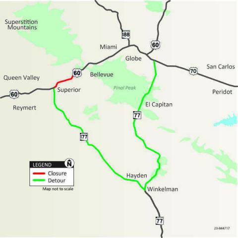 Roadway map of US 60 detour between Superior and Miami using SR 177 through Winkelman to SR 77