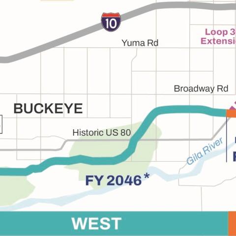 A map showing the planned location for the west section of SR 30 between SR 85 and Loop 303.